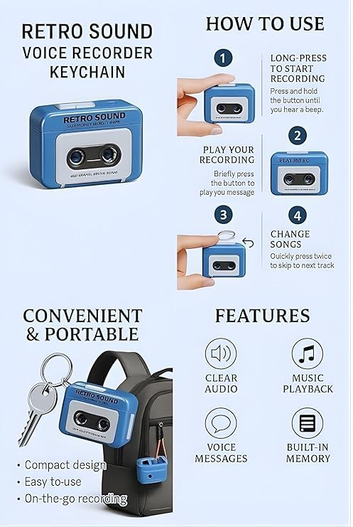 Retro Sound Voice Recorder Keychain – Mini Cassette Style Voice Message Recordr with Playback, Portable Keychain Audio Recording Gadget, Gifting Keychains, Pack of 1