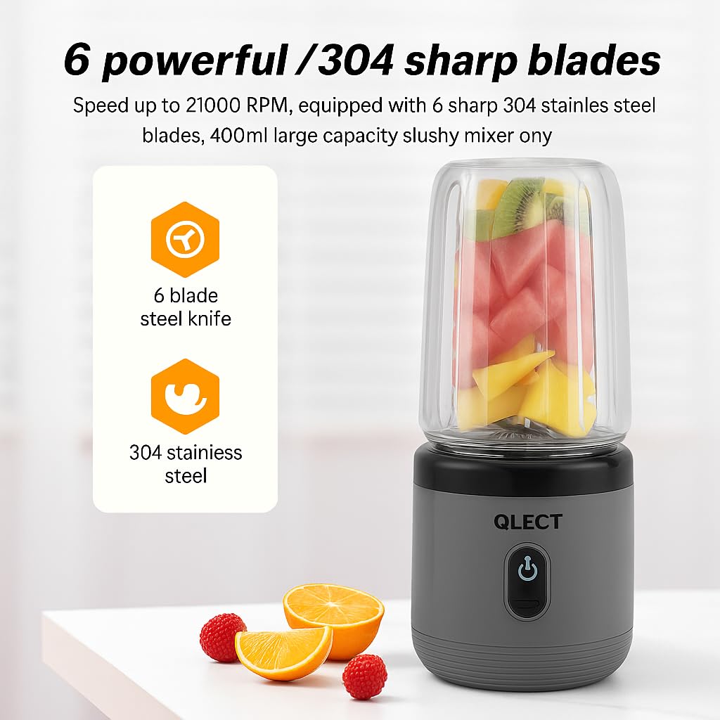 Qlect Portable Blender Electric Juicers Fruit Mixers USB Rechargeable Smoothie Mini Personal Juicer 6 Blades 3Gears With 1500 Mah Rechargeable Battery-Smoothie Blender