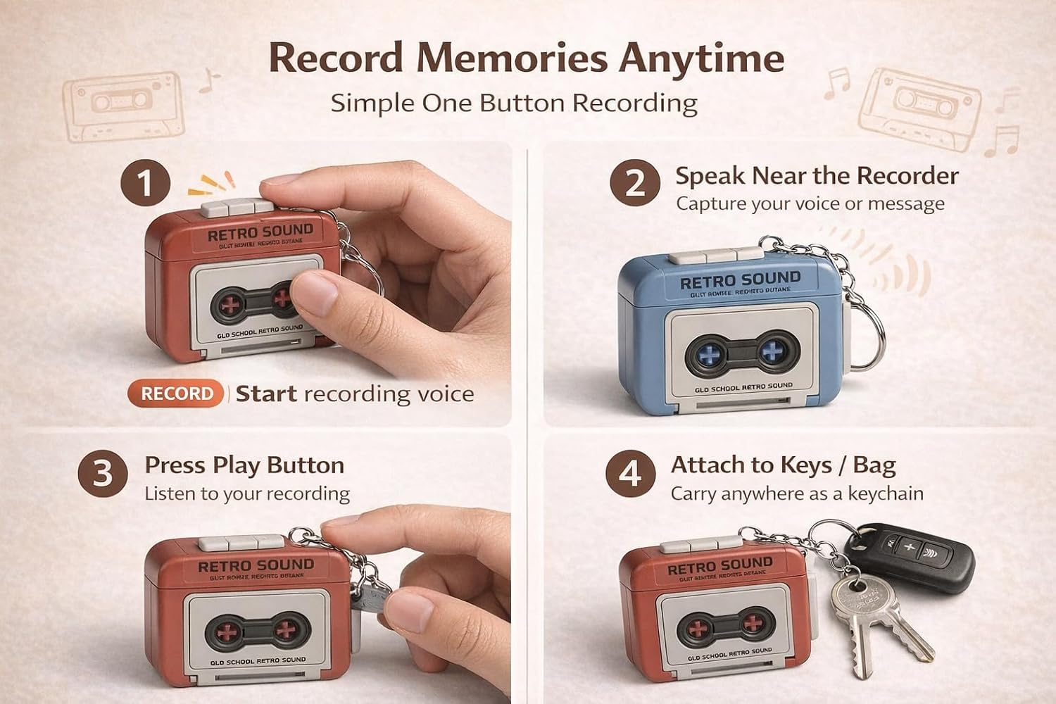Retro Sound Voice Recorder Keychain – Mini Cassette Style Voice Message Recordr with Playback, Portable Keychain Audio Recording Gadget, Gifting Keychains, Pack of 1