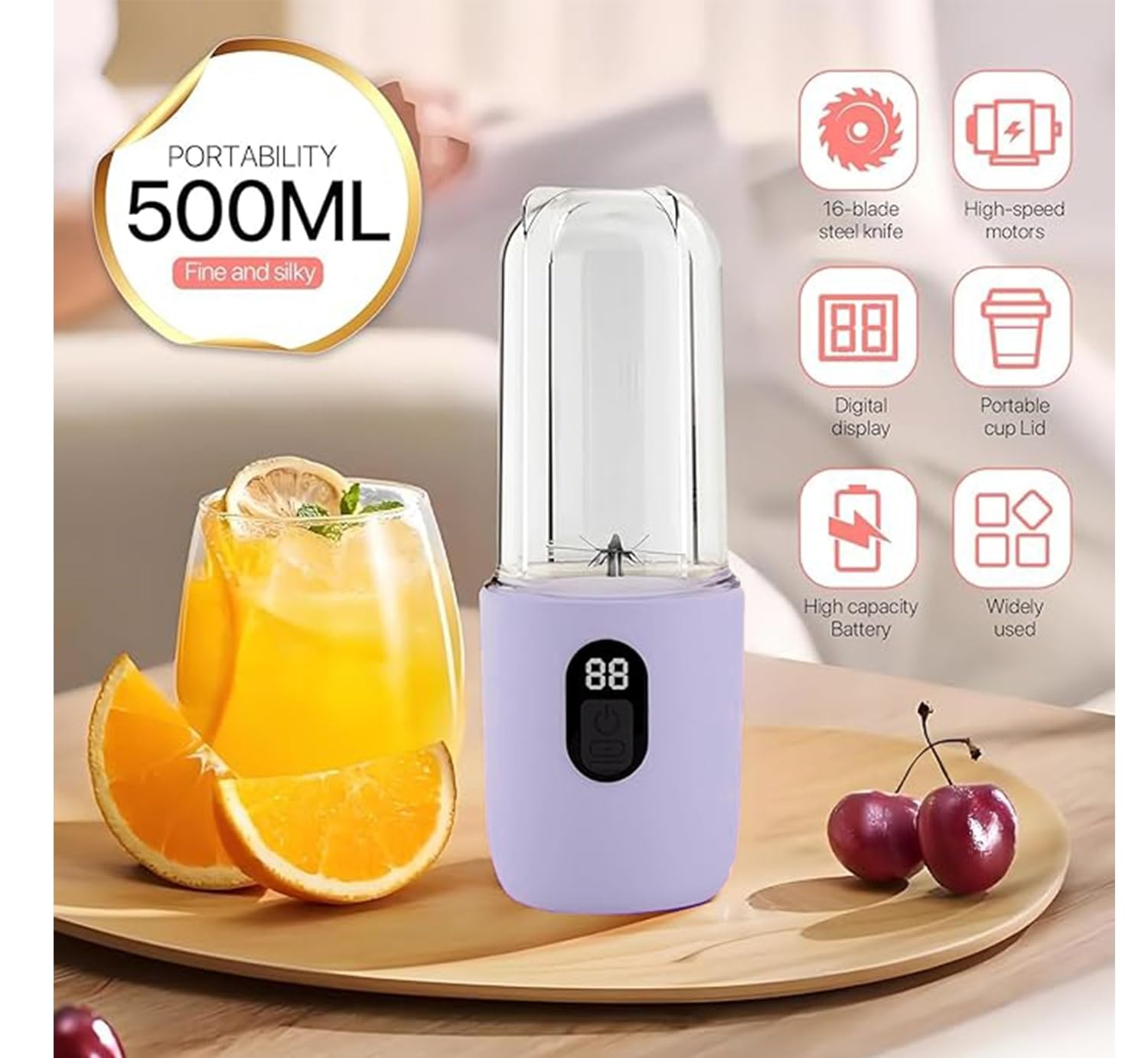 Qlect Portable Blender Electric Juicers Fruit Mixers USB Rechargeable Smoothie Mini Personal Juicer 6 Blades 3Gears With 1500 Mah Rechargeable Battery-Smoothie Blender