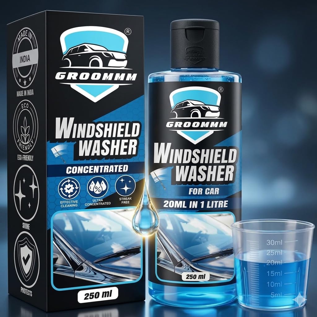 Groommm Windshield Washer Fluid For Car 250ML- (20ML in 1L Water) | Highly Concentrated Car Glass Cleaner Liquid For Streak & Stain-Free Windshield | Car Wiper Liquid For Crystal Clear Windshield