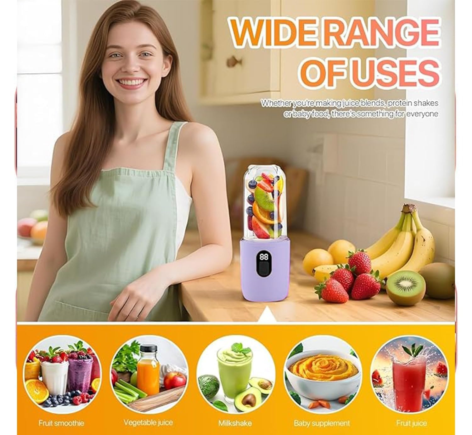 Qlect Portable Blender Electric Juicers Fruit Mixers USB Rechargeable Smoothie Mini Personal Juicer 6 Blades 3Gears With 1500 Mah Rechargeable Battery-Smoothie Blender