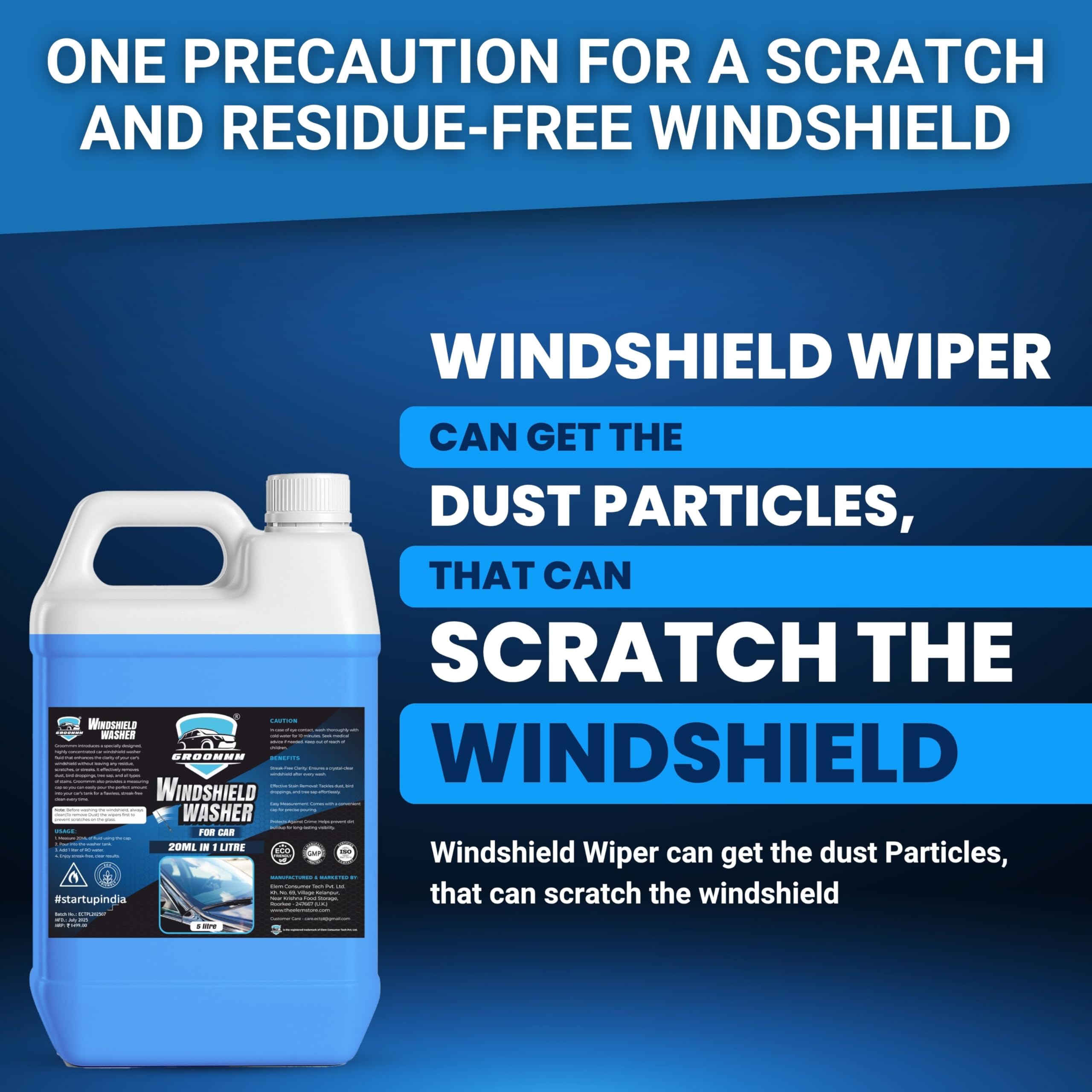 Groommm Windshield Washer Fluid For Car 250ML- (20ML in 1L Water) | Highly Concentrated Car Glass Cleaner Liquid For Streak & Stain-Free Windshield | Car Wiper Liquid For Crystal Clear Windshield