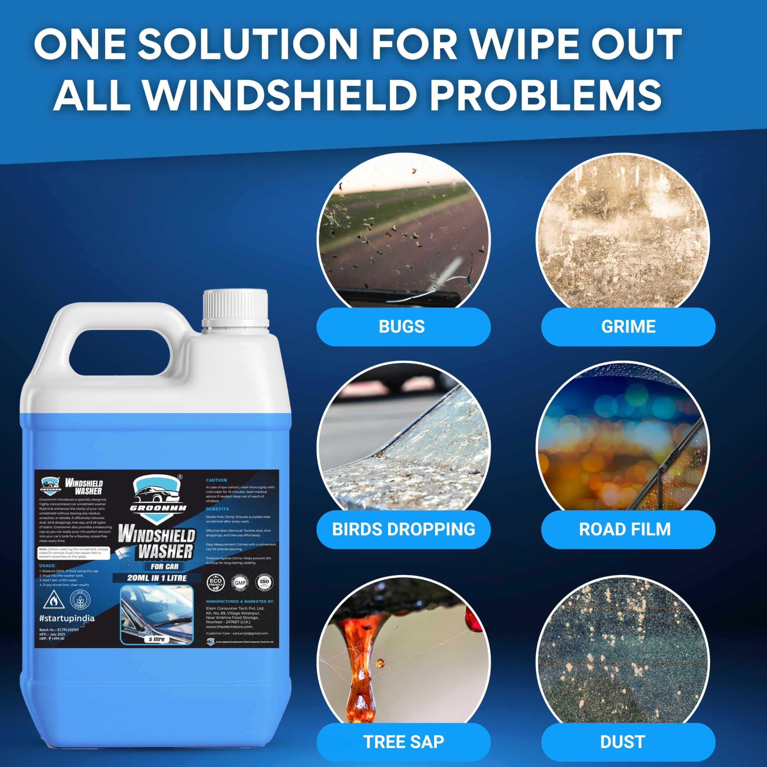 Groommm Windshield Washer Fluid For Car 250ML- (20ML in 1L Water) | Highly Concentrated Car Glass Cleaner Liquid For Streak & Stain-Free Windshield | Car Wiper Liquid For Crystal Clear Windshield